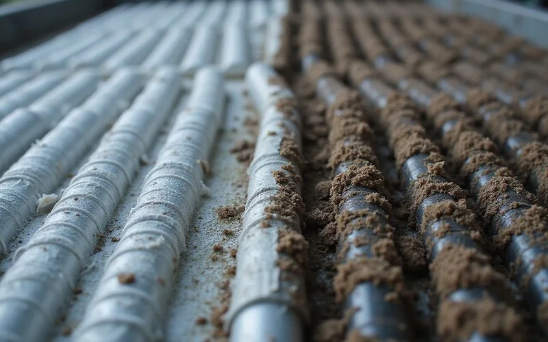 Side-by-side comparison of a clean chemically washed aircond coil next to a dirty clogged coil