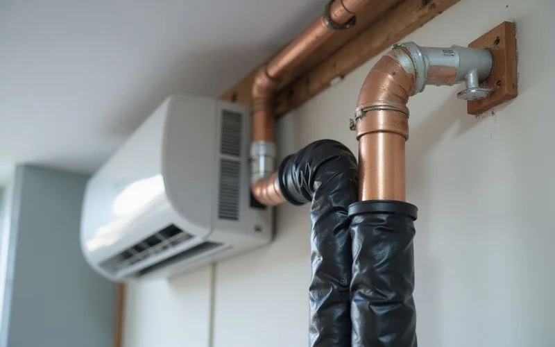 Close-up of properly insulated aircond copper piping with neat drainage routing on a wall