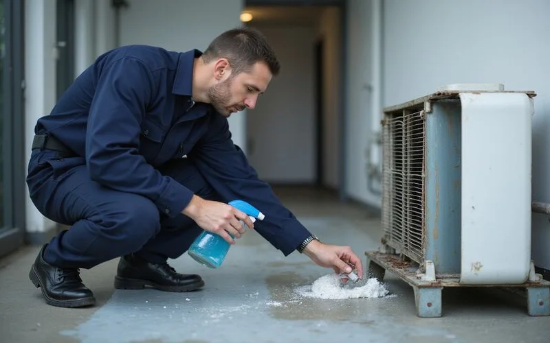 Technician chemically washing a dismantled aircond evaporator coil during a deep clean service