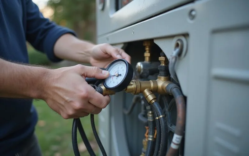 Technician checking aircond refrigerant pressure with a gauge at an outdoor unit