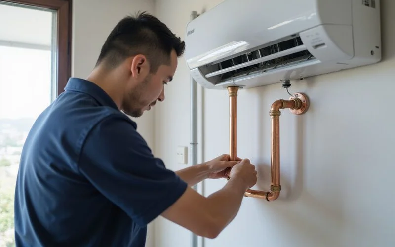 Technician fitting neat insulated copper piping during a new aircond installation