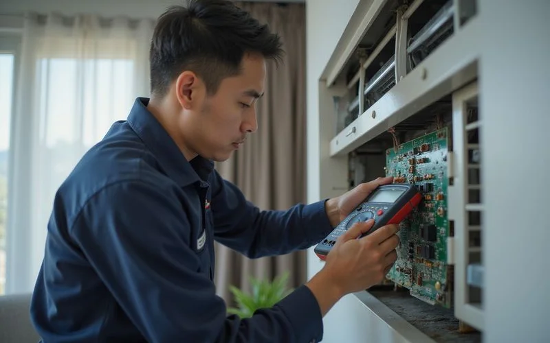 Technician using a multimeter to diagnose an aircond electrical fault during a repair visit