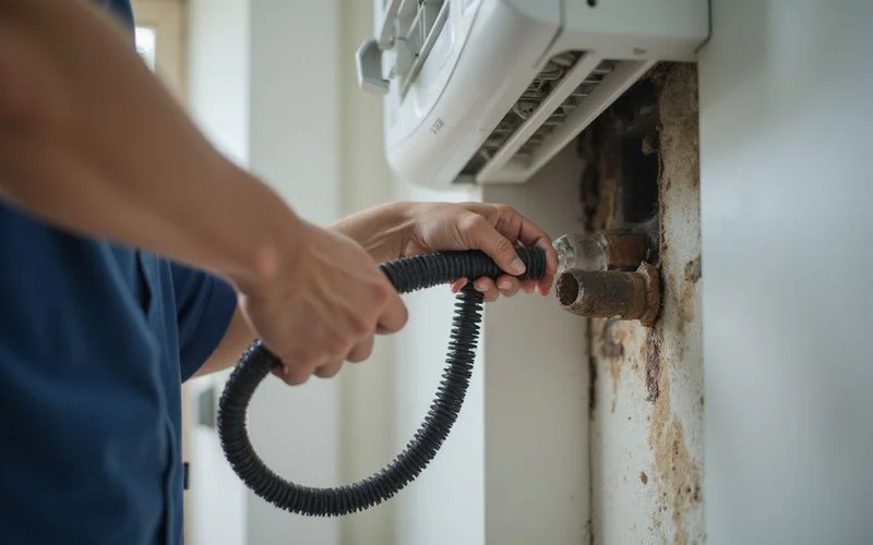 Technician clearing a blocked aircond drainage pipe during a repair visit