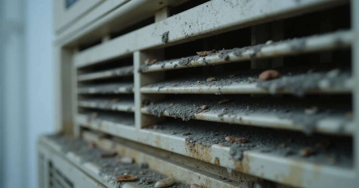 Close-up of a mouldy and dust-blackened aircond vent in a Malaysian home