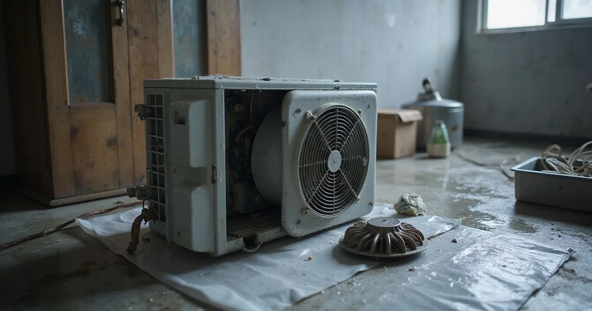 Dismantled aircond indoor unit with coil fully exposed during a chemical wash service