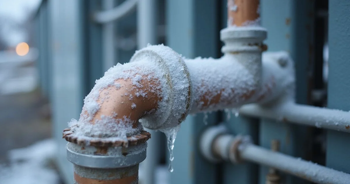 Ice build-up on aircond copper piping at the outdoor unit, a sign of low refrigerant