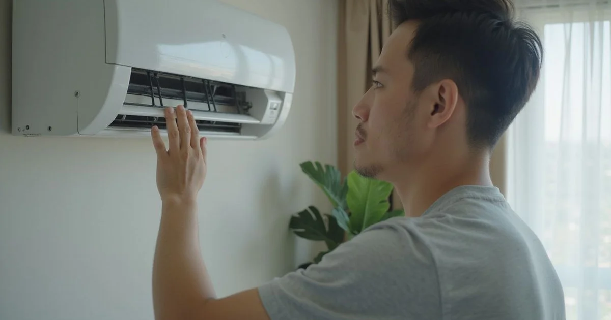 Person holding a hand to an aircond vent checking for cold air with a concerned expression