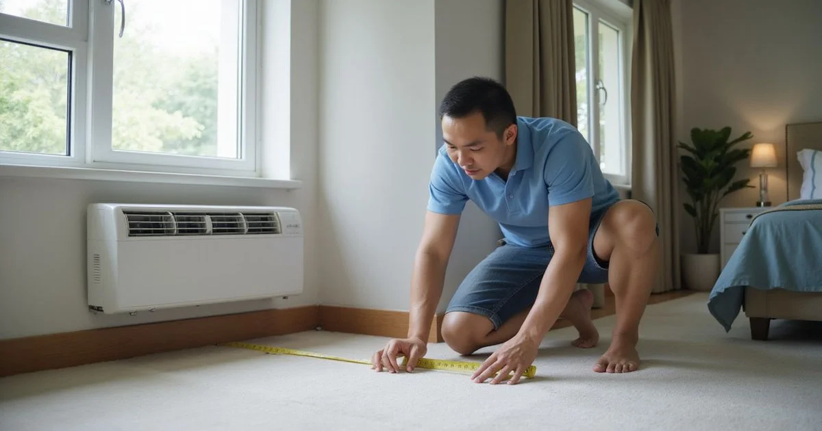 Person measuring a bedroom to determine the correct aircond BTU size for the room