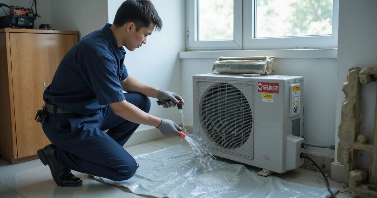 Technician performing a chemical wash on a home aircond with the indoor unit dismantled