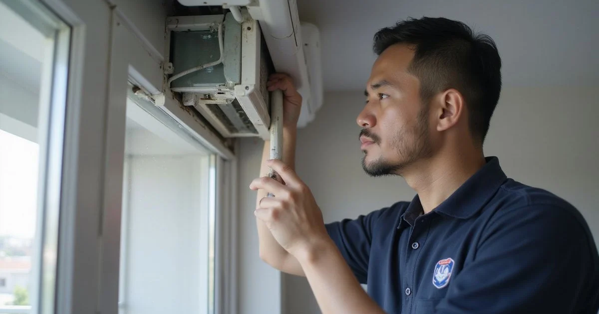 Technician working through an aircond service step by step with the indoor unit open