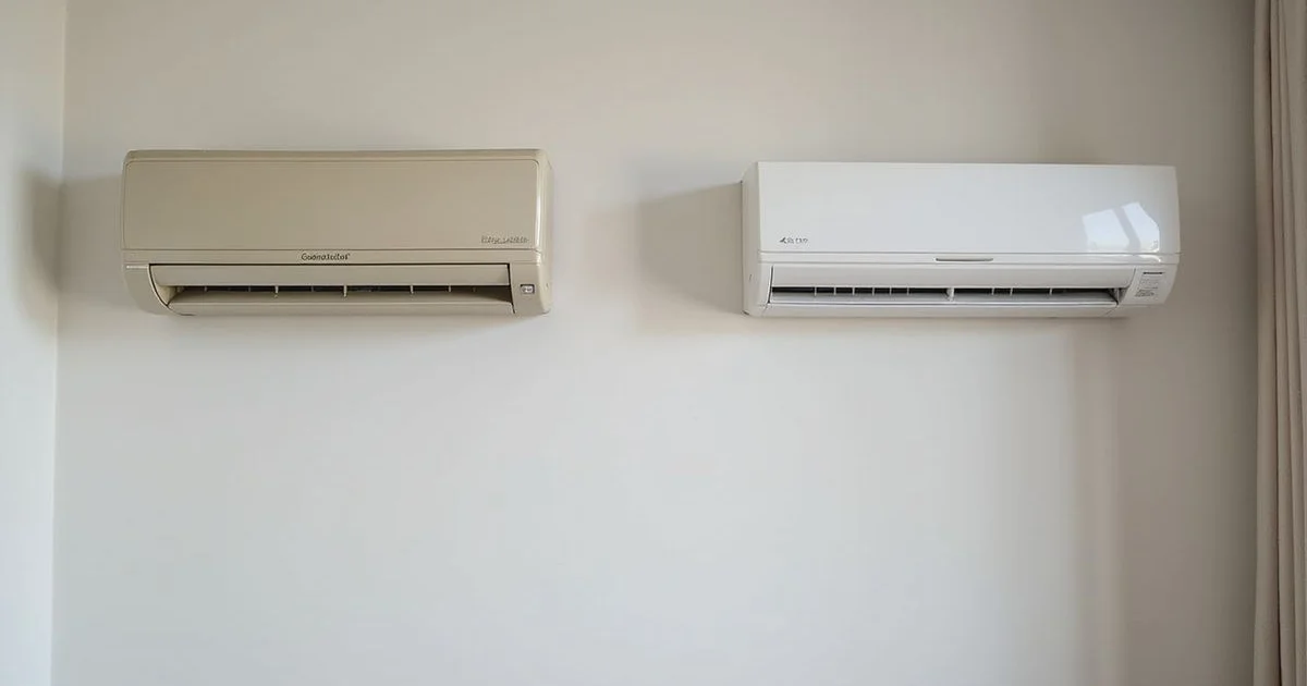 Two aircond units side by side labelled inverter and non-inverter for comparison