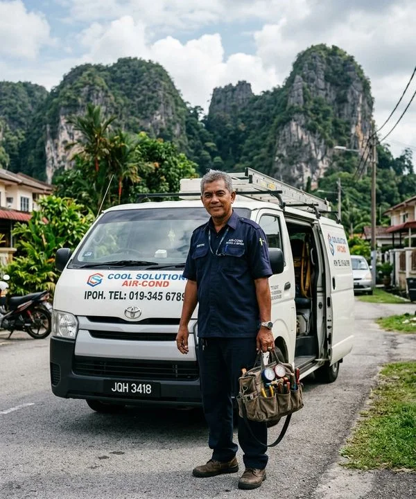 Experienced senior aircond technician beside a service van