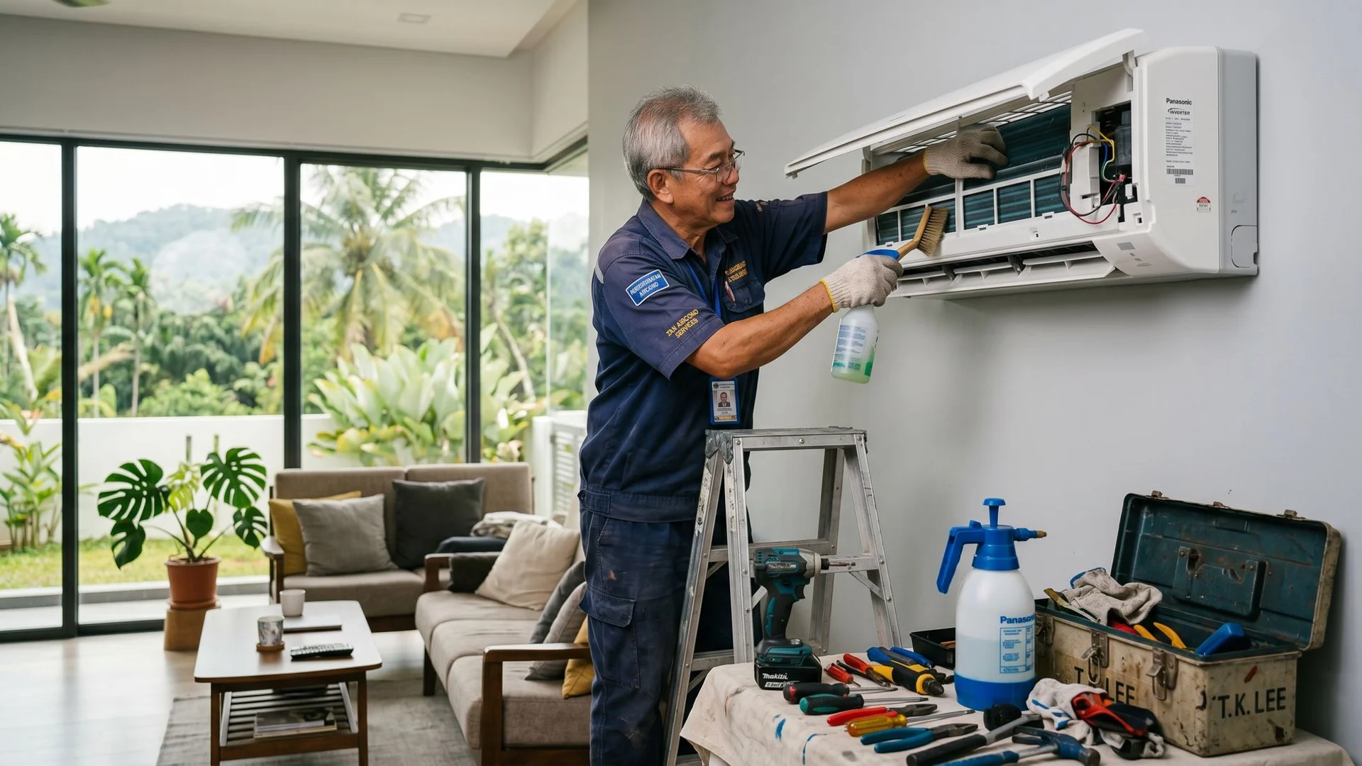 Senior aircond technician servicing a wall-mounted unit in a Ipoh home